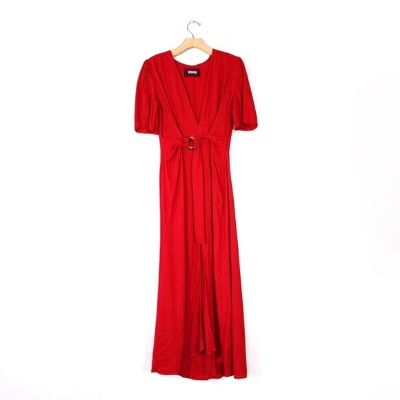 REFORMATION Melanie Belted Wrap Short Sleeve Plunging Midi Dress Cherry Red 2 - Picture 1 of 11